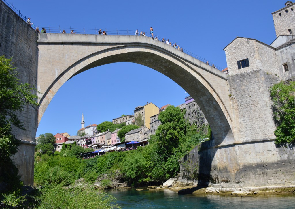 View from the beach below Stari Most, Mostar