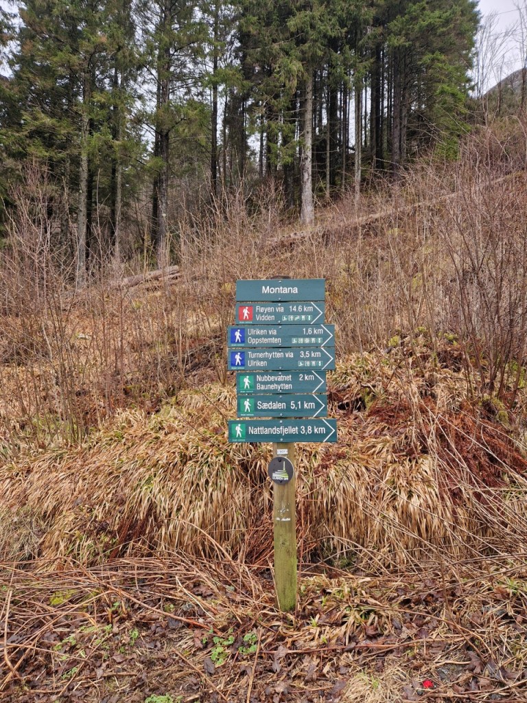 Signs on the way to the Ulriken hike starting point from Montana